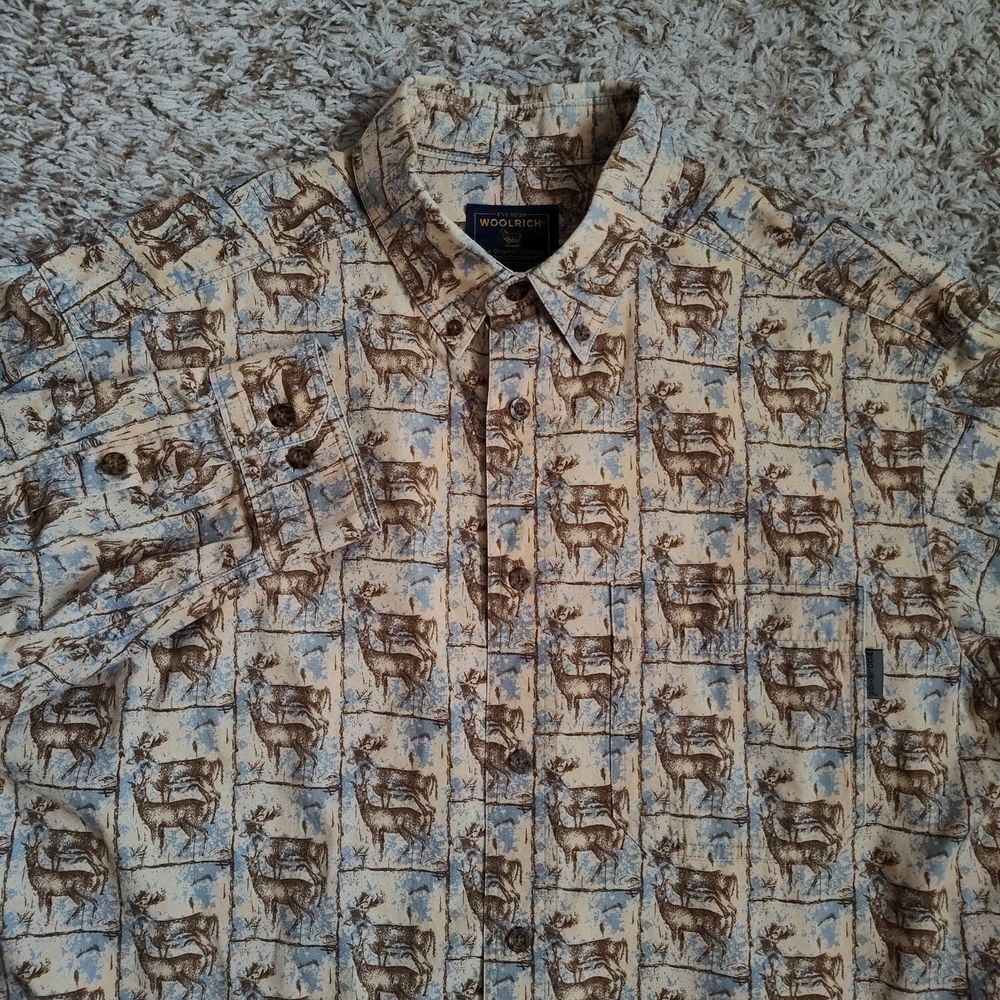 Woolrich Men Sz M Oxford Deer Print‎ Pattern Long Sleeve Button Up Shirt